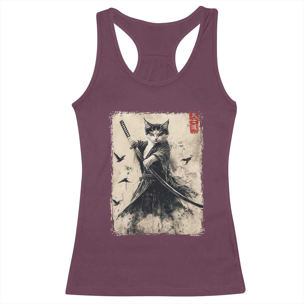Samurai Cat Graphic Racerback Tank Top Warrior Vintage Japanese Art Anime - Wonder Print Shop