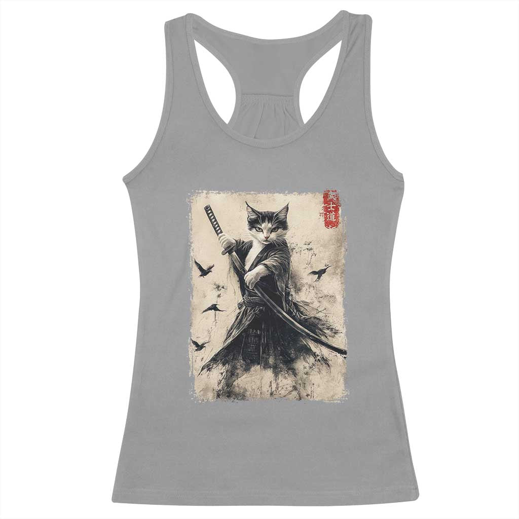Samurai Cat Graphic Racerback Tank Top Warrior Vintage Japanese Art Anime - Wonder Print Shop