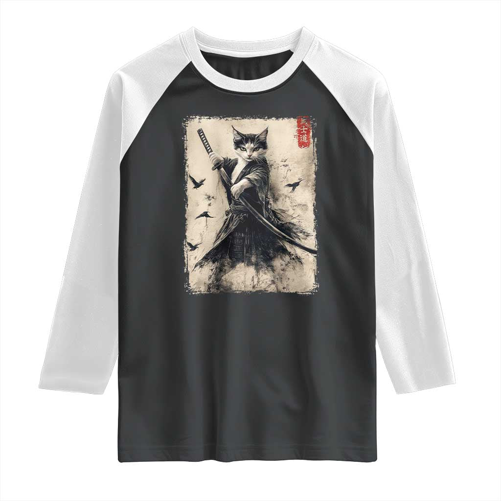 Samurai Cat Graphic Raglan Shirt Warrior Vintage Japanese Art Anime - Wonder Print Shop