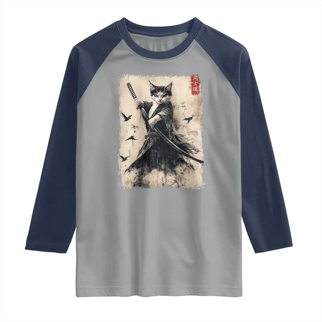 Samurai Cat Graphic Raglan Shirt Warrior Vintage Japanese Art Anime - Wonder Print Shop