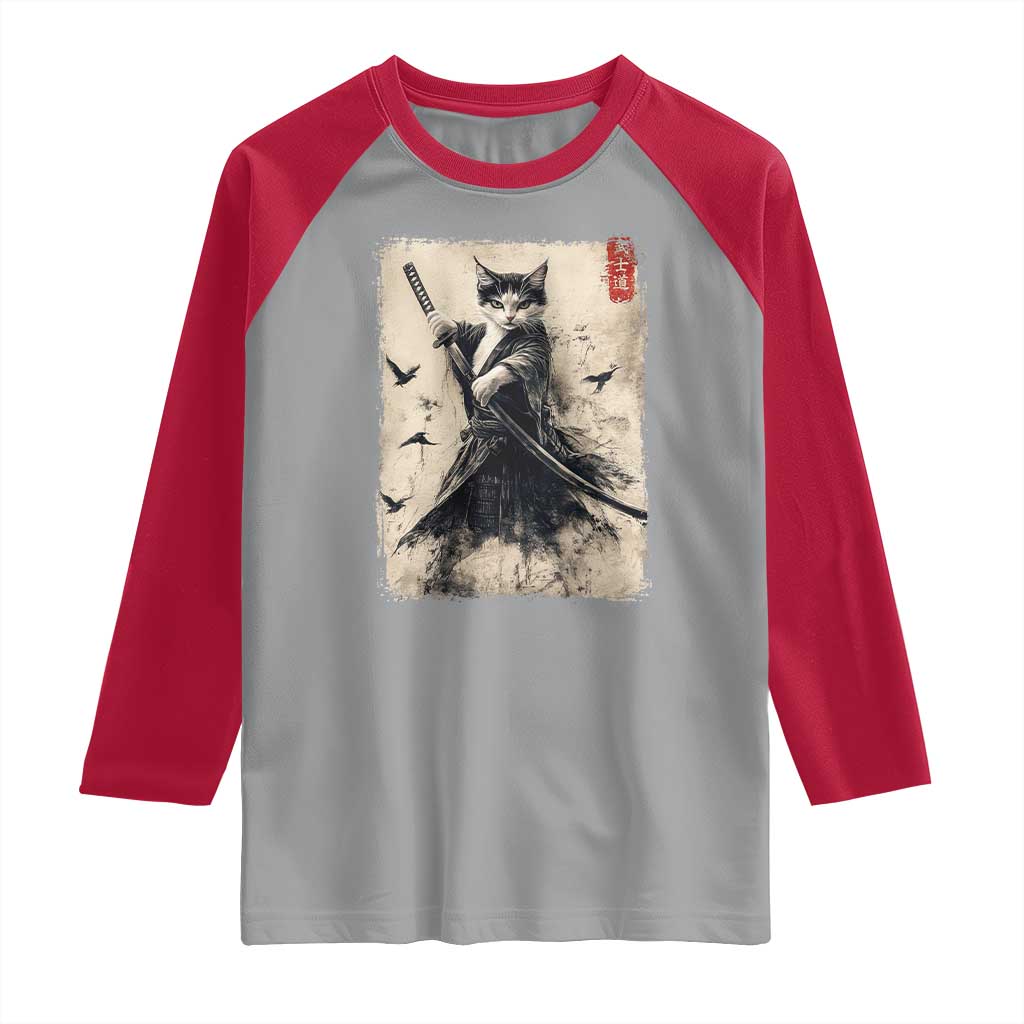 Samurai Cat Graphic Raglan Shirt Warrior Vintage Japanese Art Anime - Wonder Print Shop