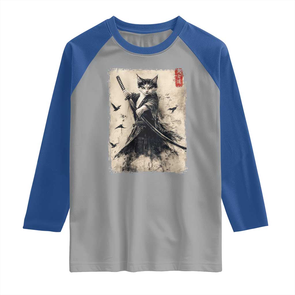 Samurai Cat Graphic Raglan Shirt Warrior Vintage Japanese Art Anime - Wonder Print Shop