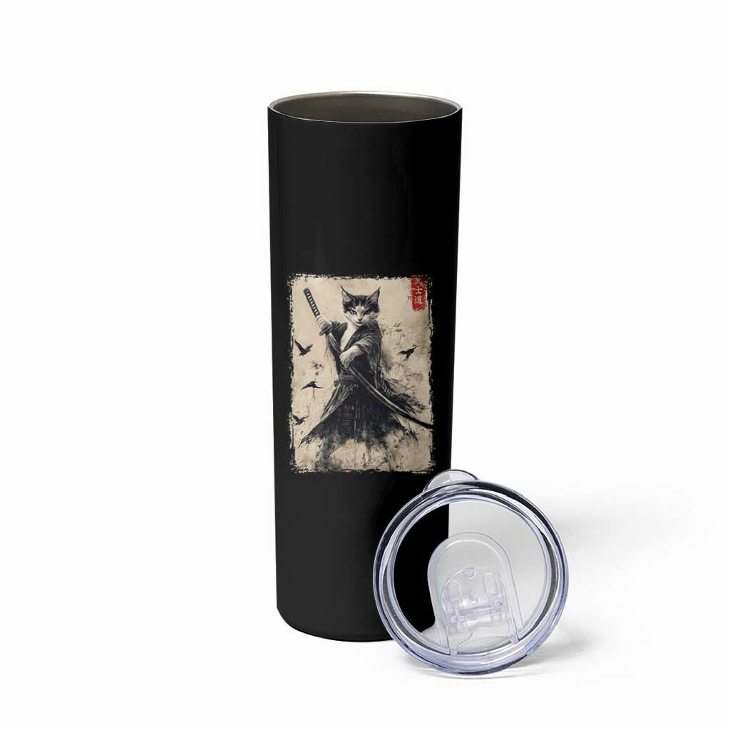 Samurai Cat Graphic Skinny Tumbler Warrior Vintage Japanese Art Anime - Wonder Print Shop