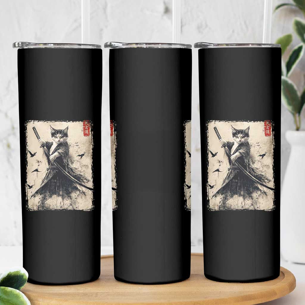 Samurai Cat Graphic Skinny Tumbler Warrior Vintage Japanese Art Anime - Wonder Print Shop