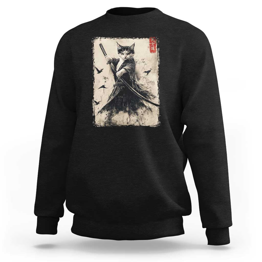Samurai Cat Graphic Sweatshirt Warrior Vintage Japanese Art Anime - Wonder Print Shop