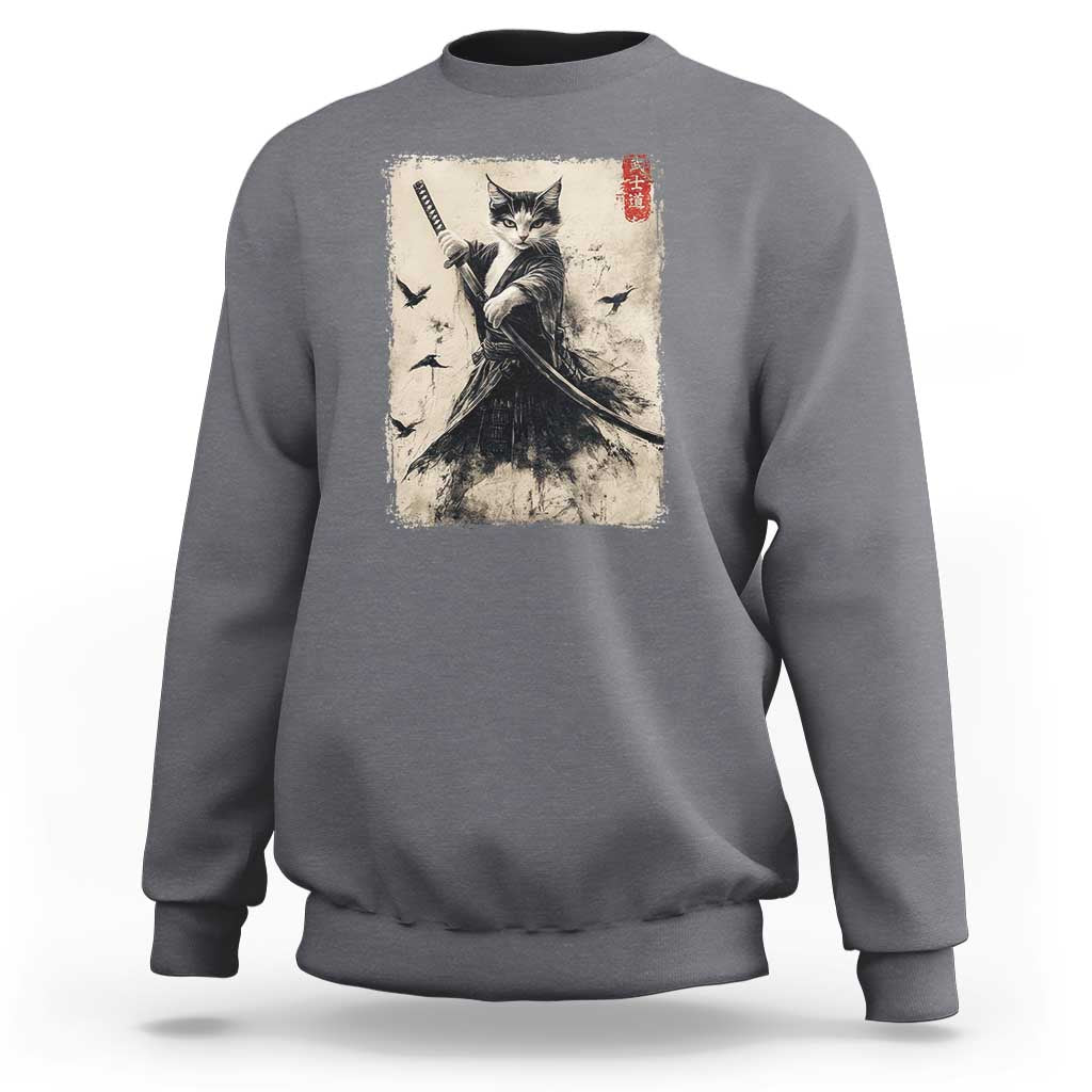 Samurai Cat Graphic Sweatshirt Warrior Vintage Japanese Art Anime - Wonder Print Shop