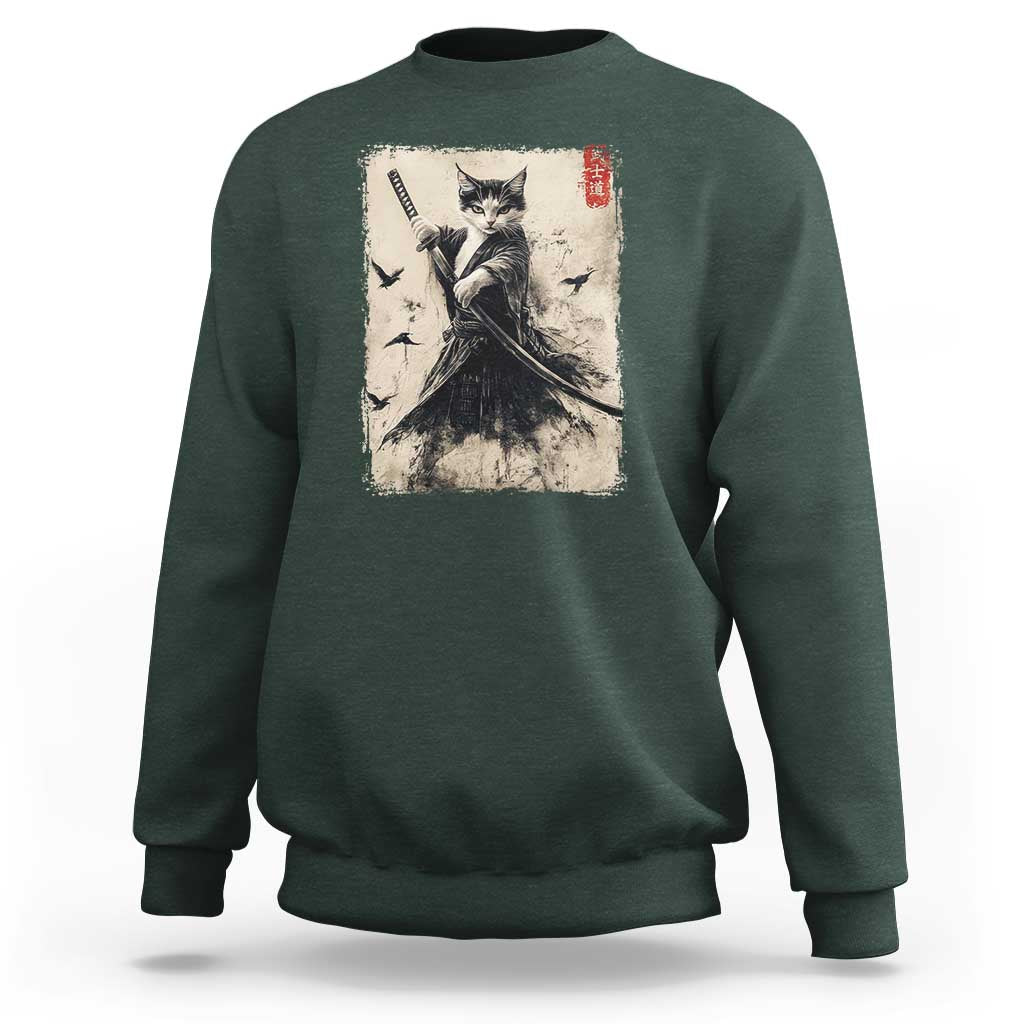 Samurai Cat Graphic Sweatshirt Warrior Vintage Japanese Art Anime - Wonder Print Shop