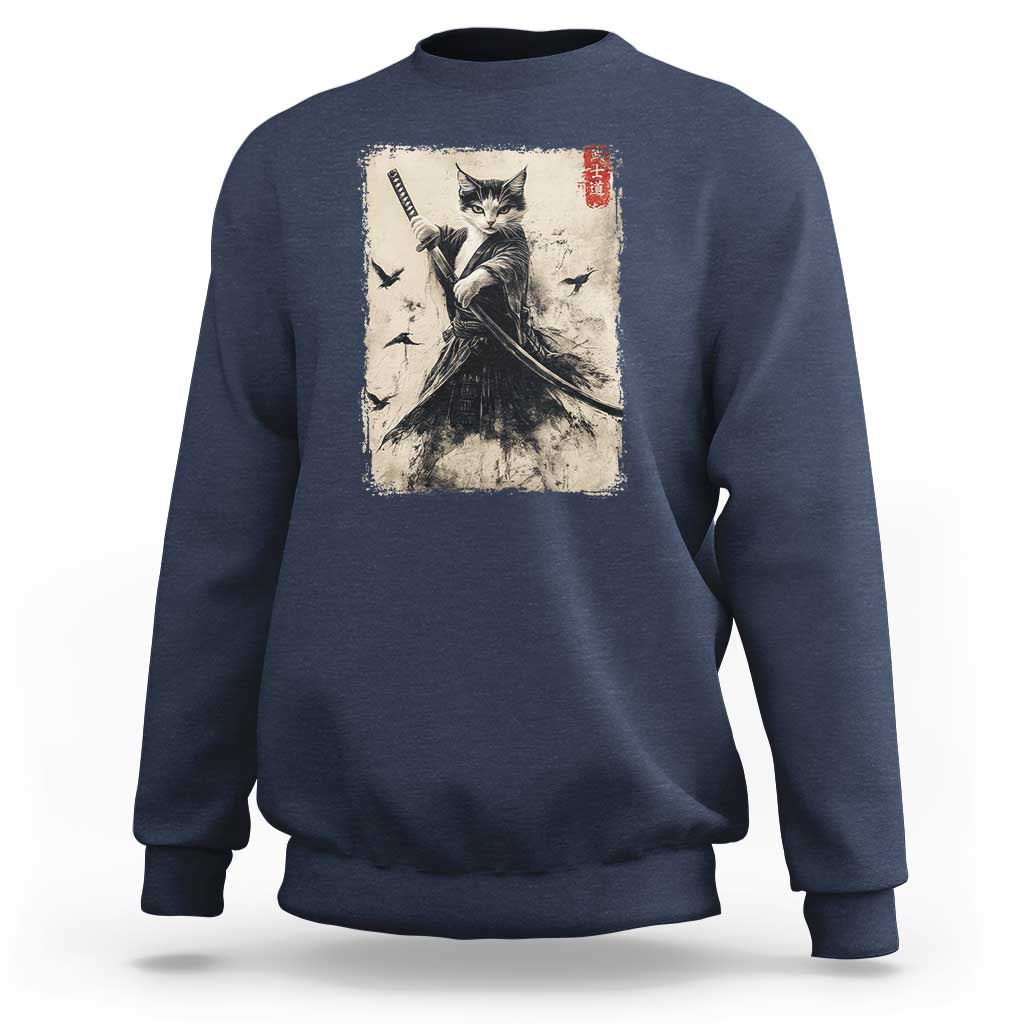 Samurai Cat Graphic Sweatshirt Warrior Vintage Japanese Art Anime - Wonder Print Shop