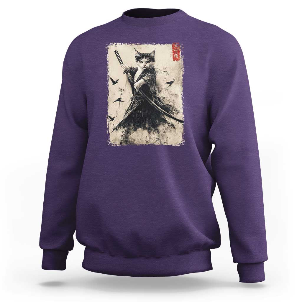 Samurai Cat Graphic Sweatshirt Warrior Vintage Japanese Art Anime - Wonder Print Shop