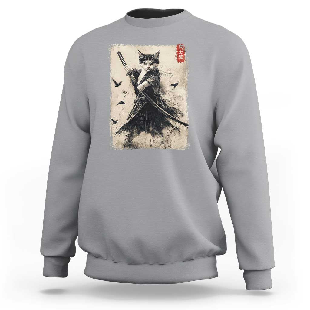 Samurai Cat Graphic Sweatshirt Warrior Vintage Japanese Art Anime - Wonder Print Shop