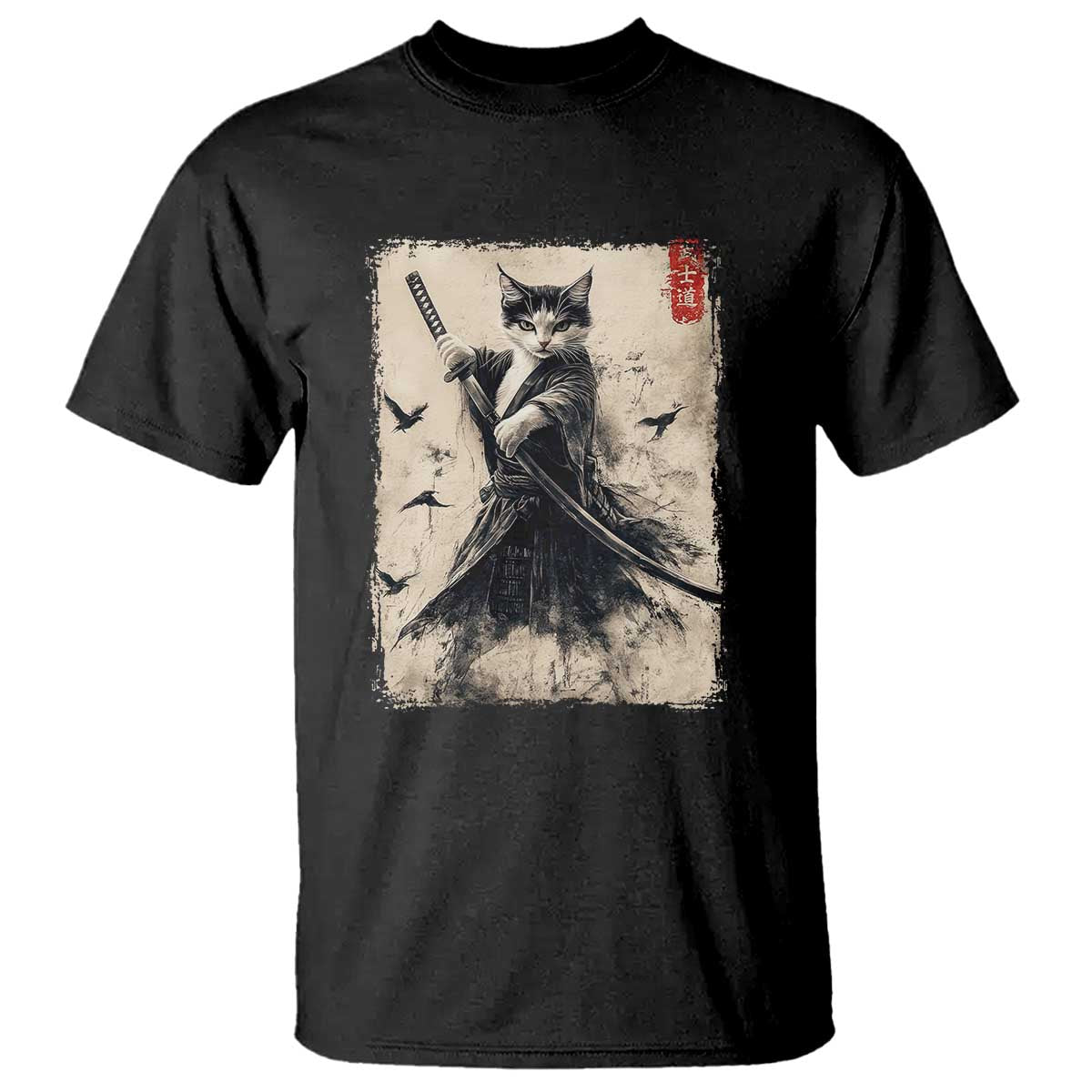 Samurai Cat Graphic T Shirt Warrior Vintage Japanese Art Anime - Wonder Print Shop