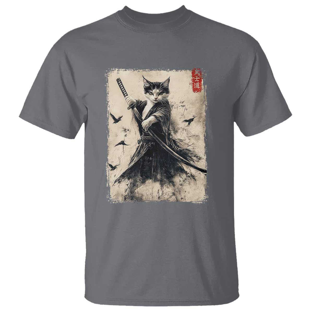 Samurai Cat Graphic T Shirt Warrior Vintage Japanese Art Anime - Wonder Print Shop