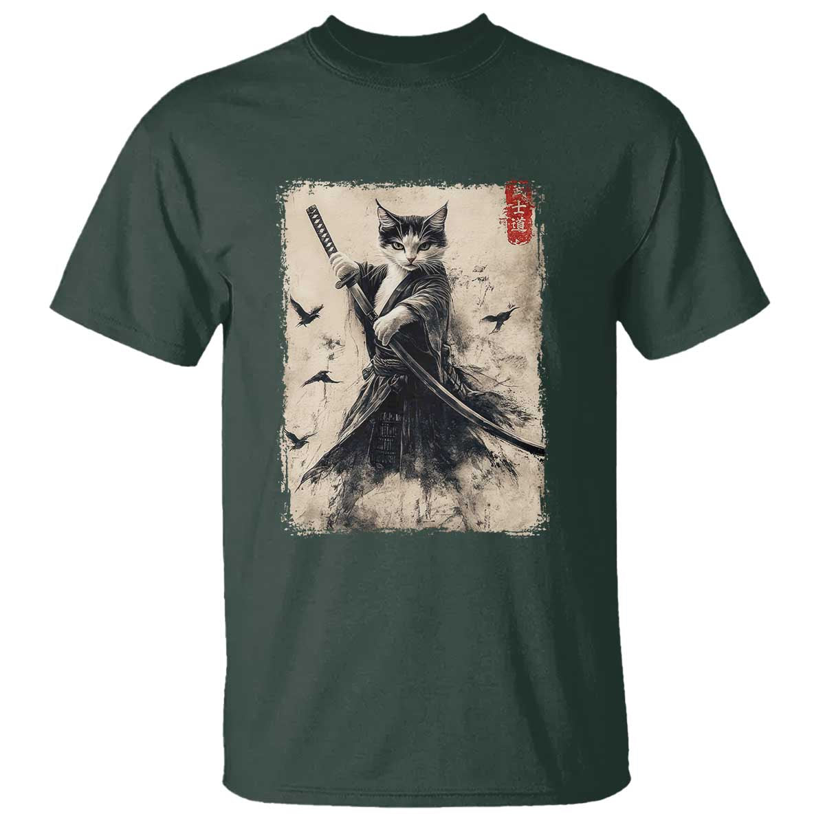 Samurai Cat Graphic T Shirt Warrior Vintage Japanese Art Anime - Wonder Print Shop