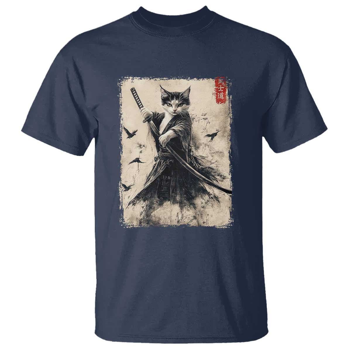 Samurai Cat Graphic T Shirt Warrior Vintage Japanese Art Anime - Wonder Print Shop