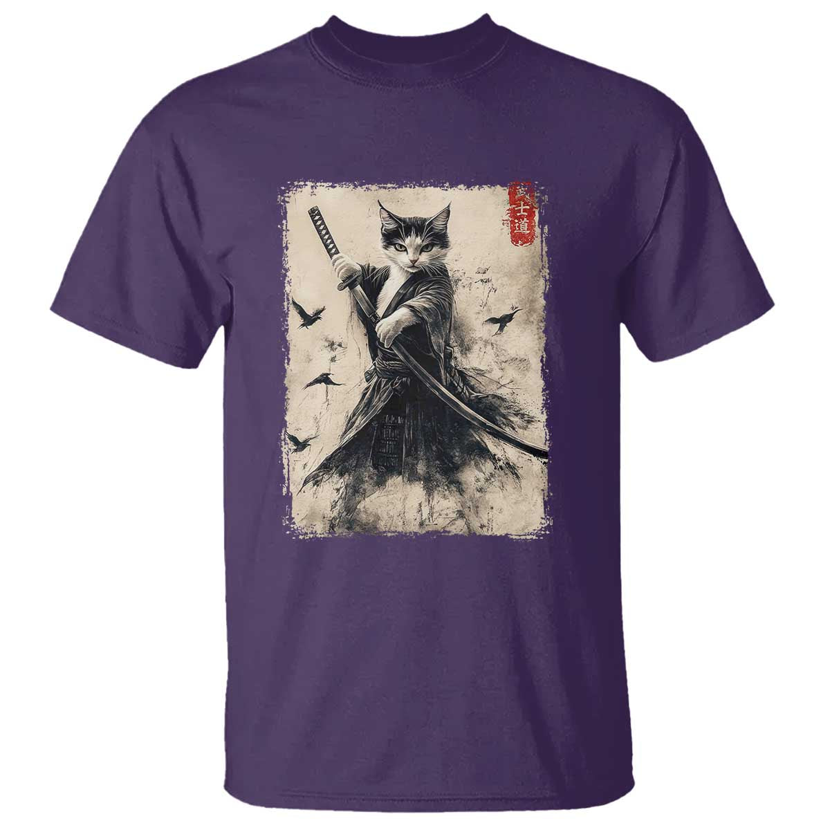 Samurai Cat Graphic T Shirt Warrior Vintage Japanese Art Anime - Wonder Print Shop