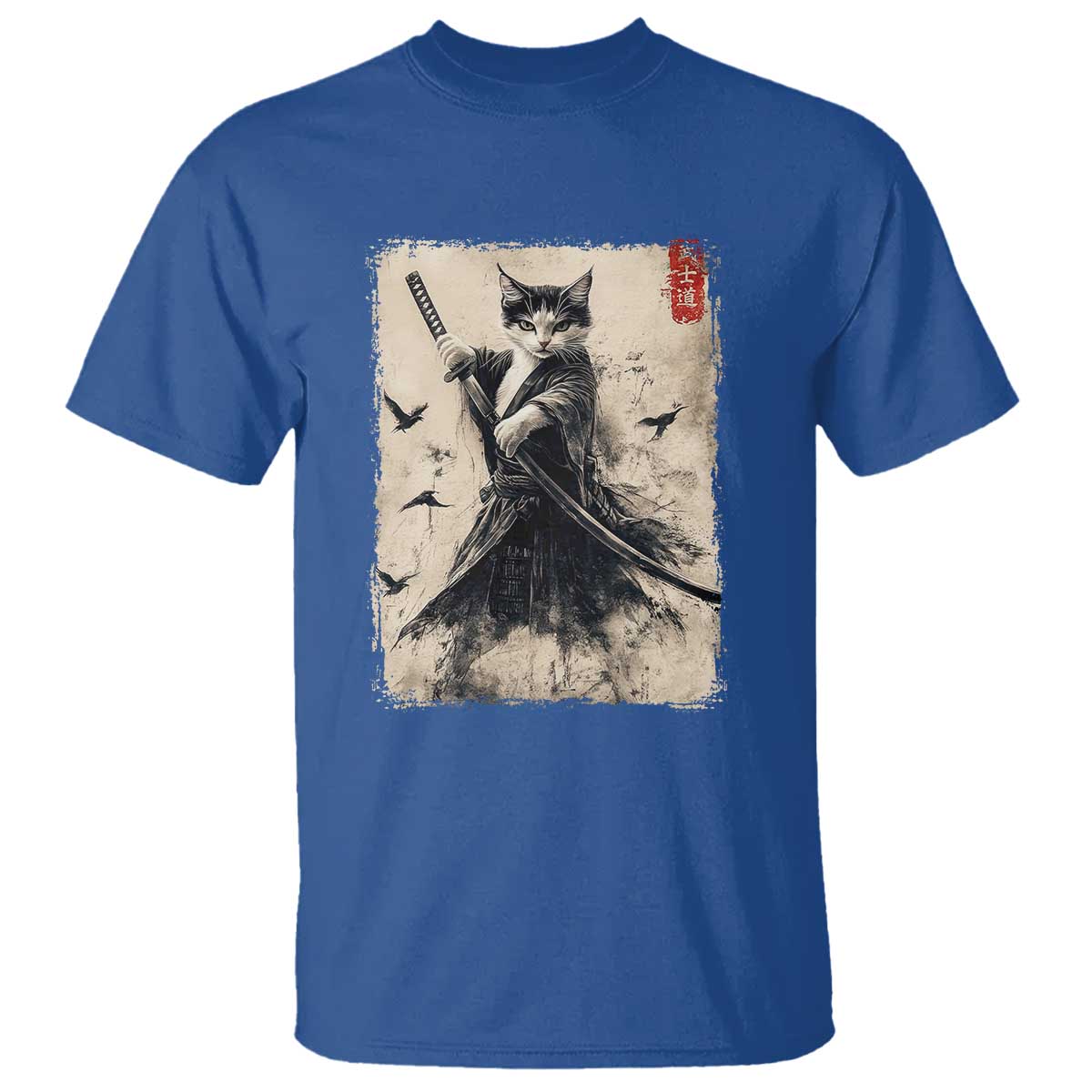 Samurai Cat Graphic T Shirt Warrior Vintage Japanese Art Anime - Wonder Print Shop