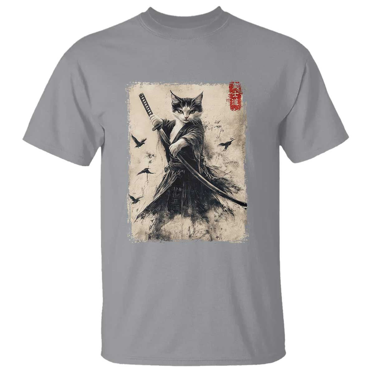 Samurai Cat Graphic T Shirt Warrior Vintage Japanese Art Anime - Wonder Print Shop