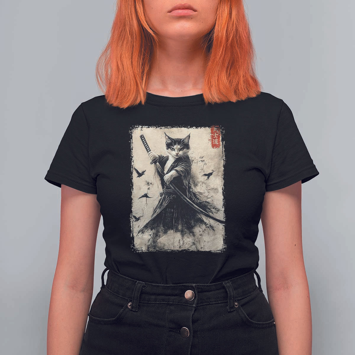Samurai Cat Graphic T Shirt For Women Warrior Vintage Japanese Art Anime - Wonder Print Shop