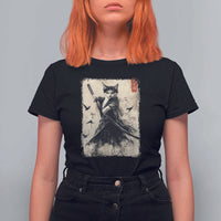 Samurai Cat Graphic T Shirt For Women Warrior Vintage Japanese Art Anime - Wonder Print Shop