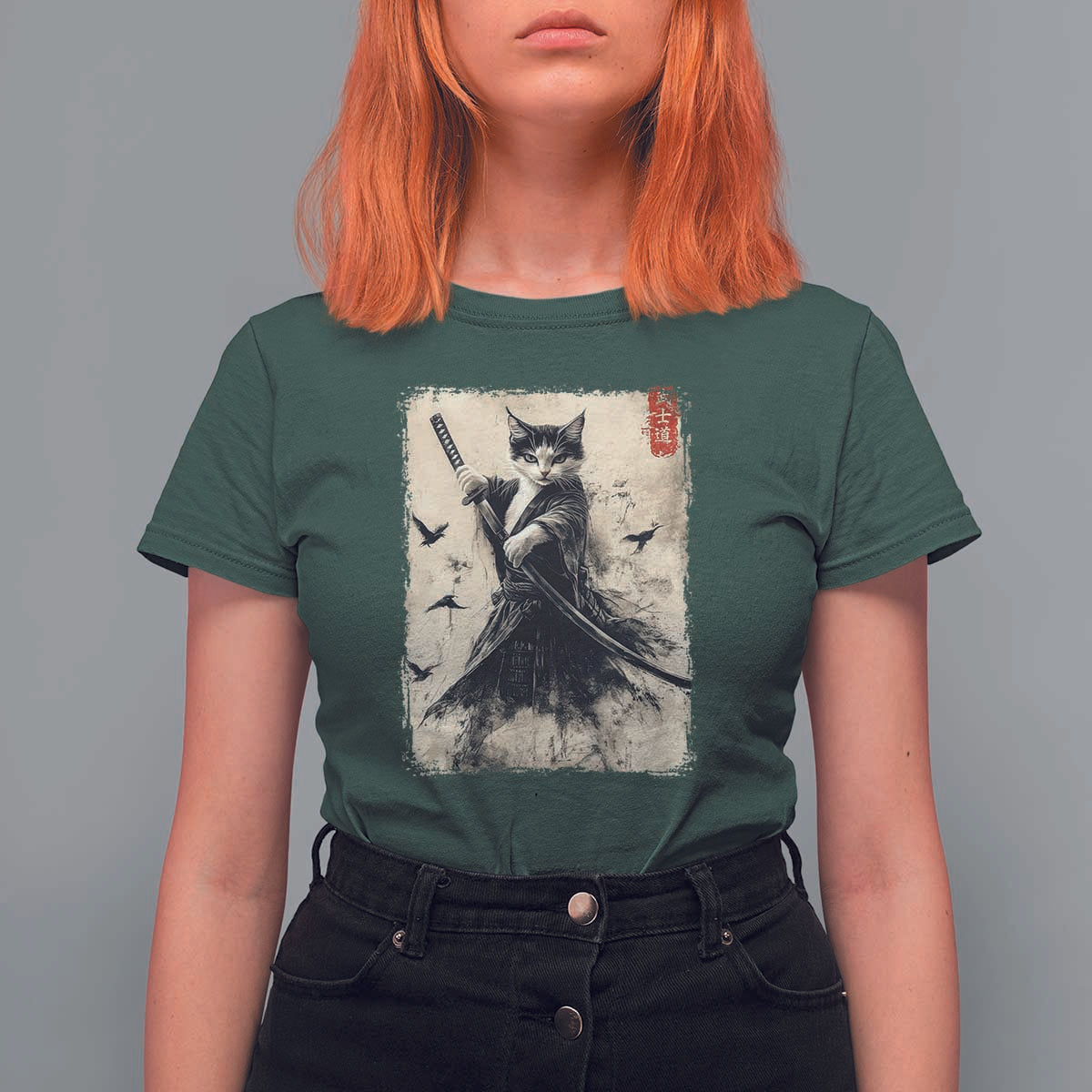 Samurai Cat Graphic T Shirt For Women Warrior Vintage Japanese Art Anime - Wonder Print Shop