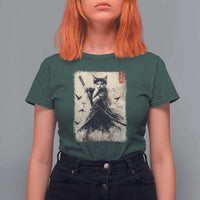 Samurai Cat Graphic T Shirt For Women Warrior Vintage Japanese Art Anime - Wonder Print Shop