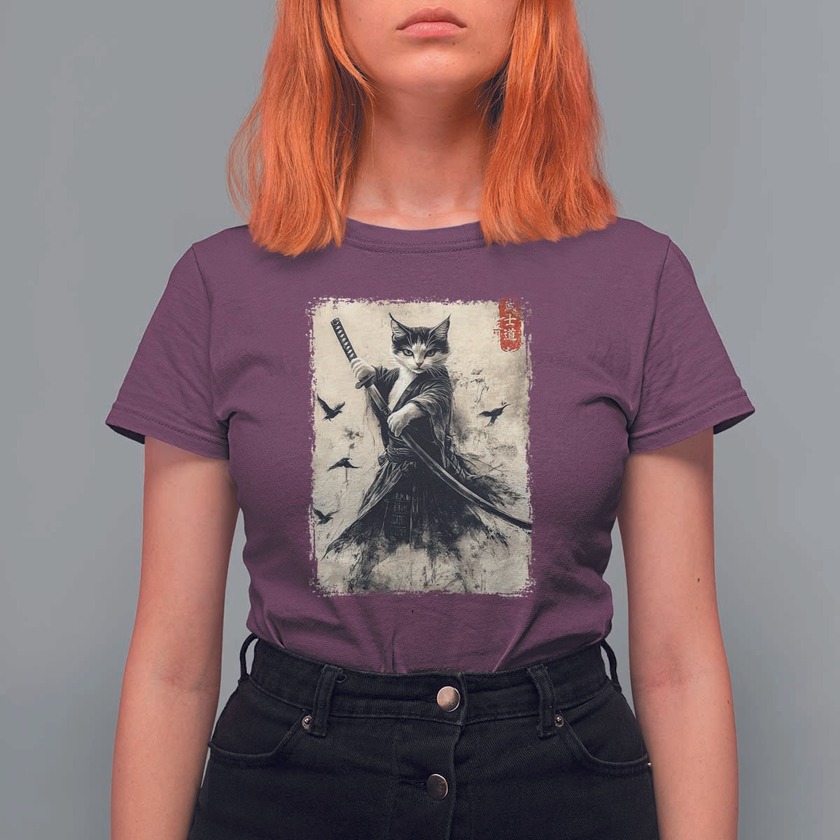 Samurai Cat Graphic T Shirt For Women Warrior Vintage Japanese Art Anime - Wonder Print Shop