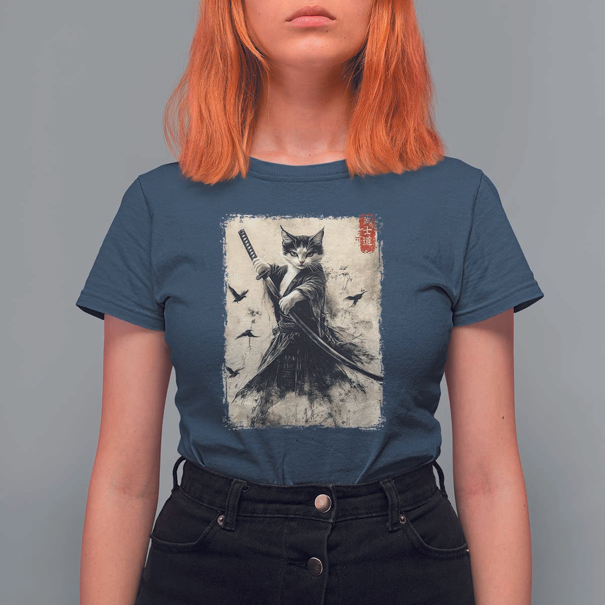 Samurai Cat Graphic T Shirt For Women Warrior Vintage Japanese Art Anime - Wonder Print Shop