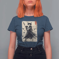 Samurai Cat Graphic T Shirt For Women Warrior Vintage Japanese Art Anime - Wonder Print Shop