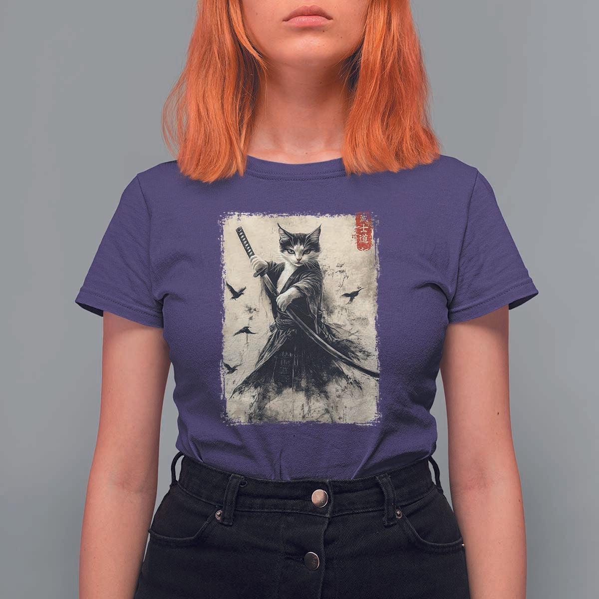 Samurai Cat Graphic T Shirt For Women Warrior Vintage Japanese Art Anime - Wonder Print Shop