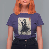 Samurai Cat Graphic T Shirt For Women Warrior Vintage Japanese Art Anime - Wonder Print Shop