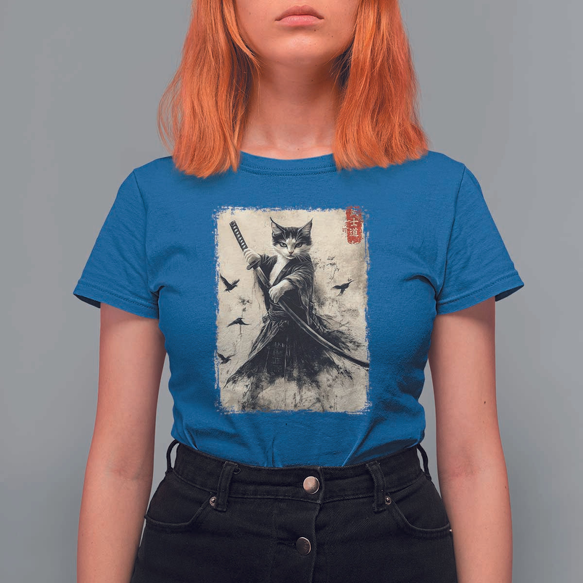 Samurai Cat Graphic T Shirt For Women Warrior Vintage Japanese Art Anime - Wonder Print Shop