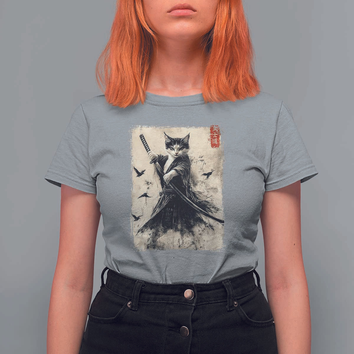Samurai Cat Graphic T Shirt For Women Warrior Vintage Japanese Art Anime - Wonder Print Shop