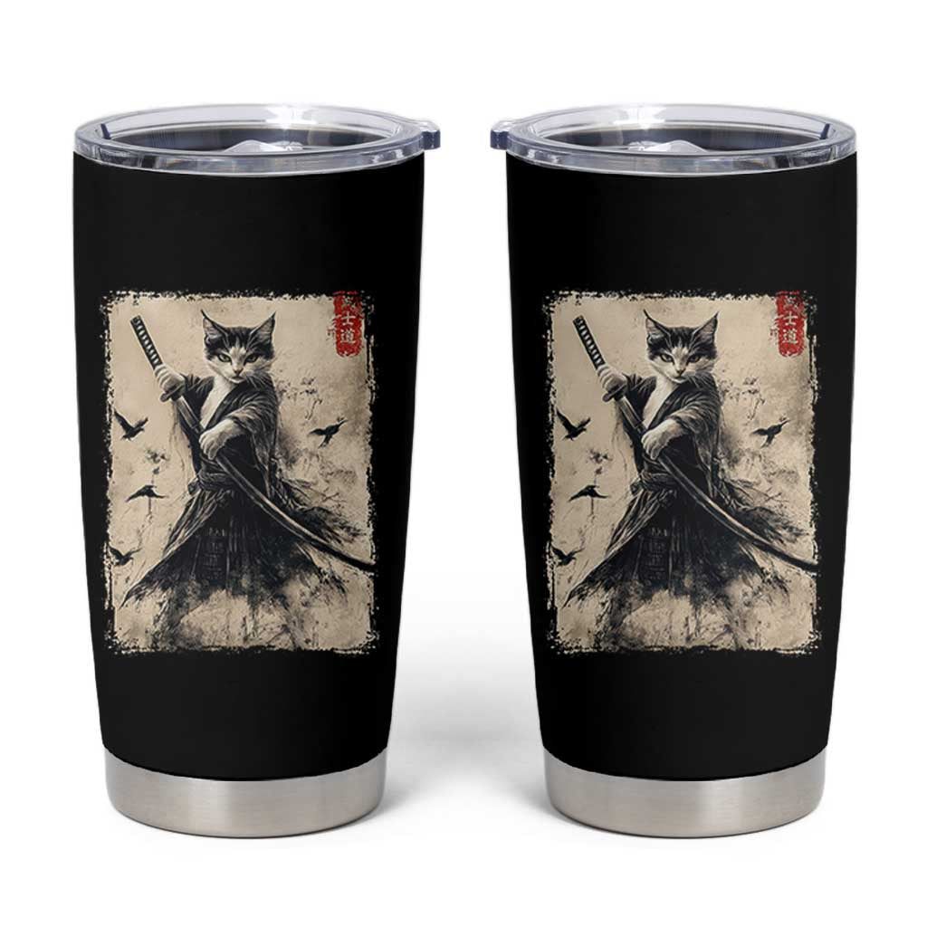 Samurai Cat Graphic Tumbler Cup Warrior Vintage Japanese Art Anime - Wonder Print Shop