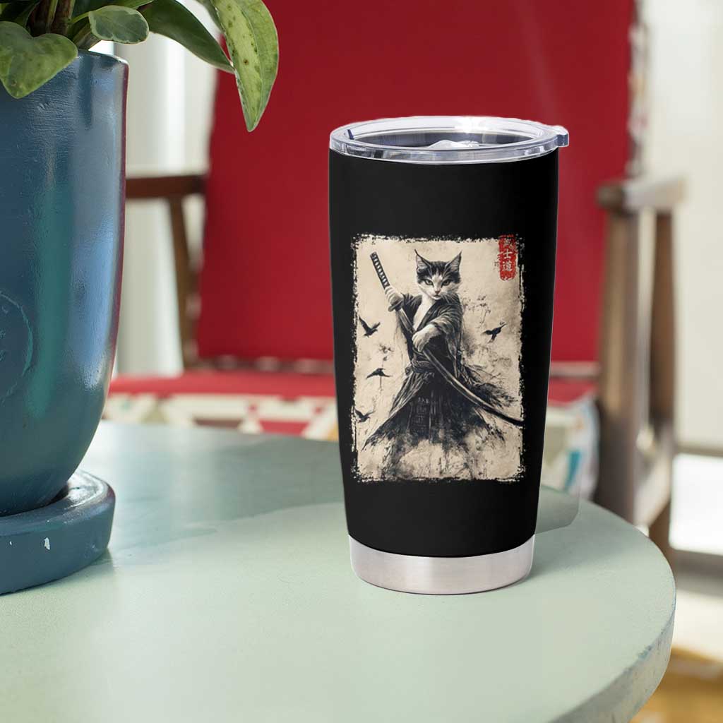 Samurai Cat Graphic Tumbler Cup Warrior Vintage Japanese Art Anime - Wonder Print Shop