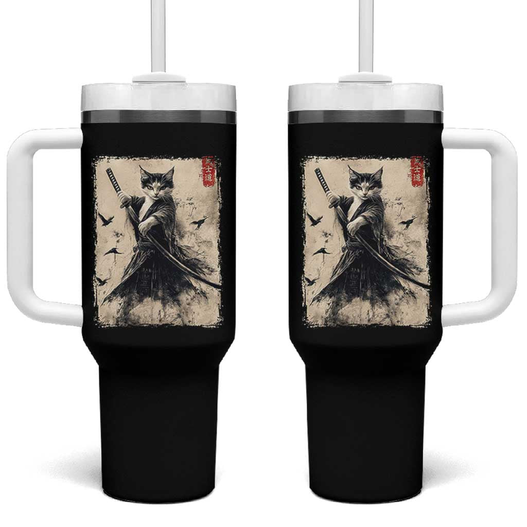Samurai Cat Graphic Tumbler With Handle Warrior Vintage Japanese Art Anime - Wonder Print Shop
