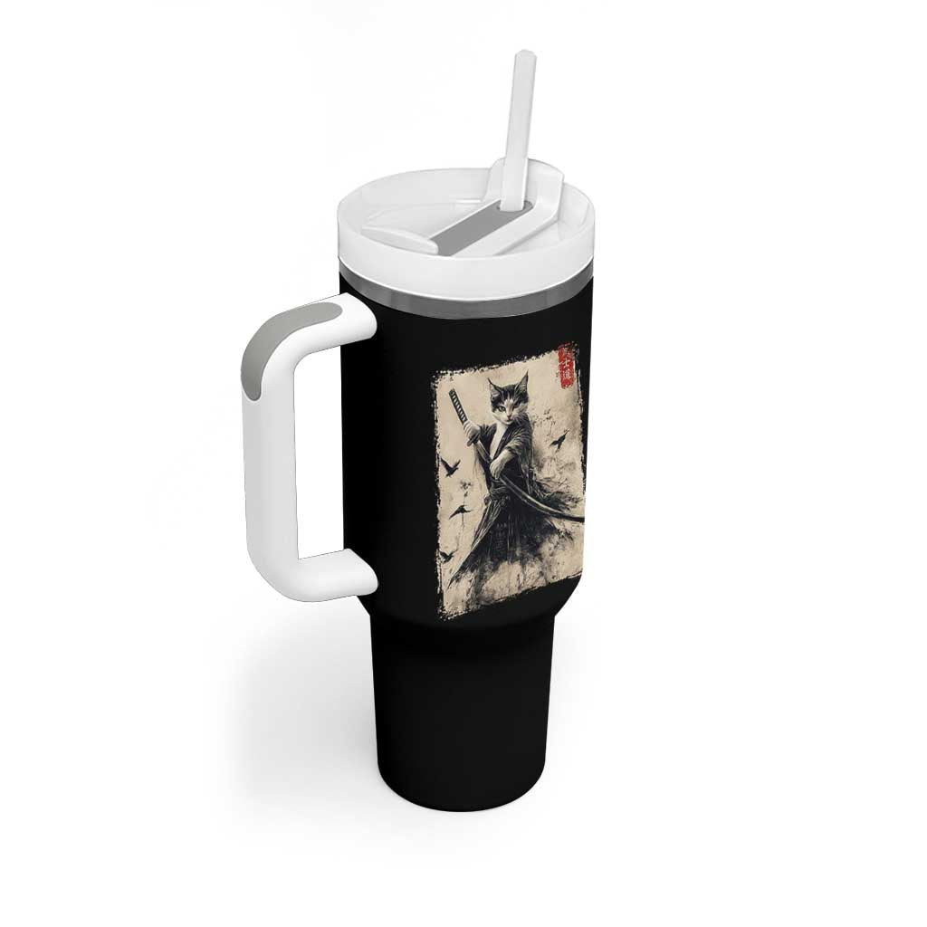 Samurai Cat Graphic Tumbler With Handle Warrior Vintage Japanese Art Anime - Wonder Print Shop
