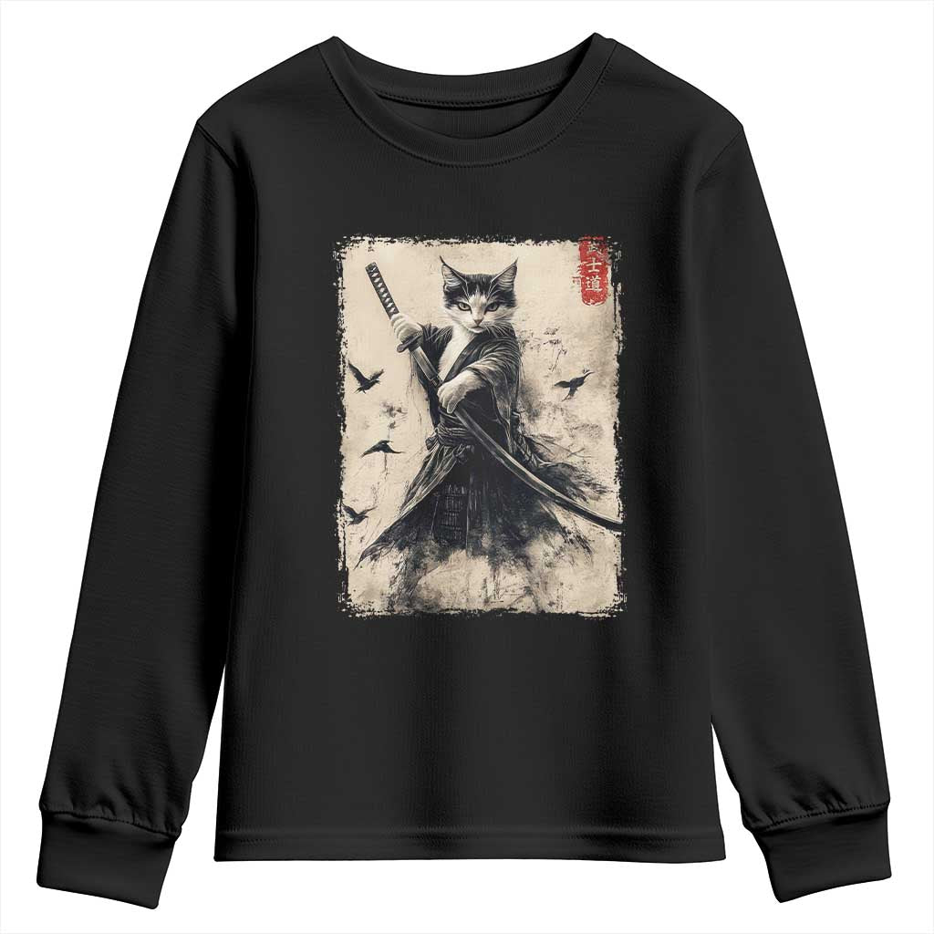 Samurai Cat Graphic Youth Sweatshirt Warrior Vintage Japanese Art Anime - Wonder Print Shop