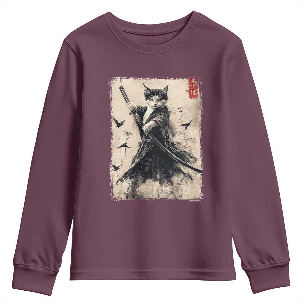 Samurai Cat Graphic Youth Sweatshirt Warrior Vintage Japanese Art Anime - Wonder Print Shop