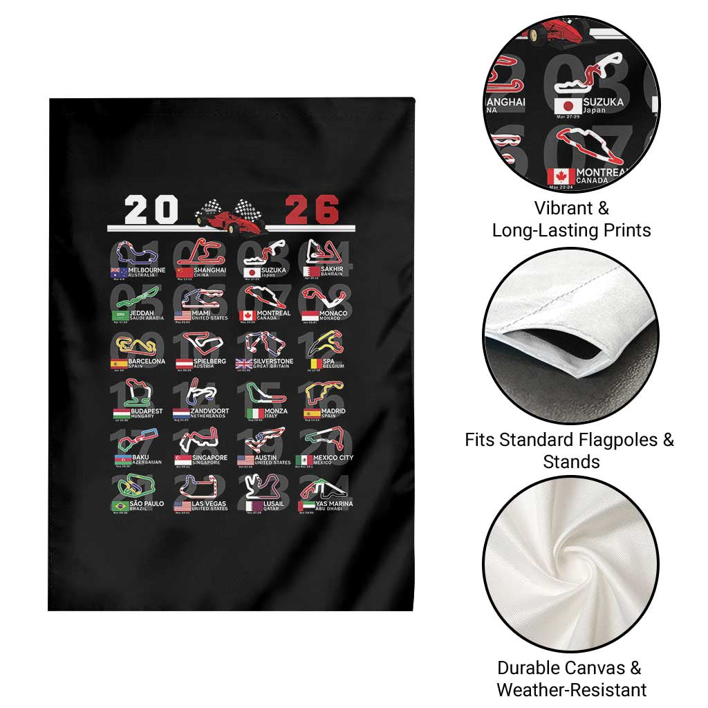 2026 Car Racing Circuit Garden Flag International Race Track Schedule Graphic with Flags - Wonder Print Shop