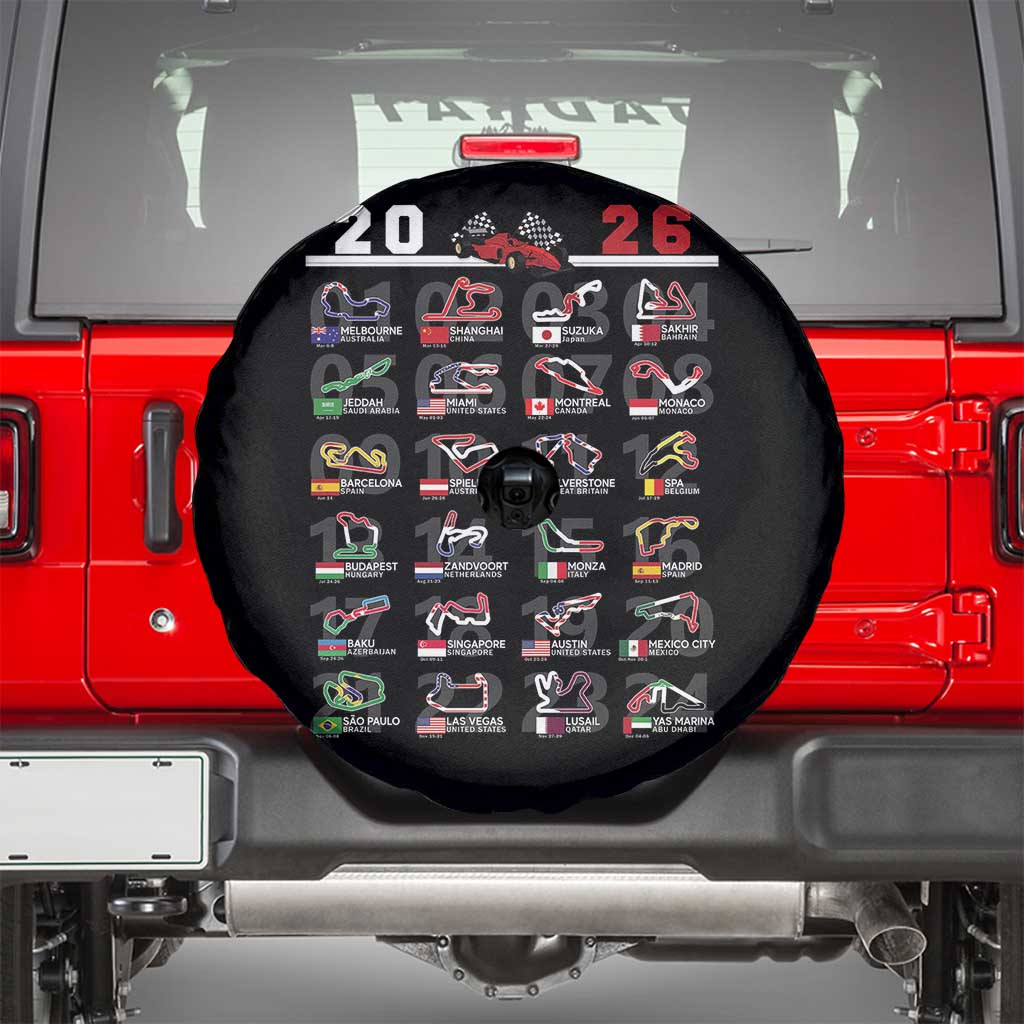 2026 Car Racing Circuit Spare Tire Cover International Race Track Schedule Graphic with Flags - Wonder Print Shop