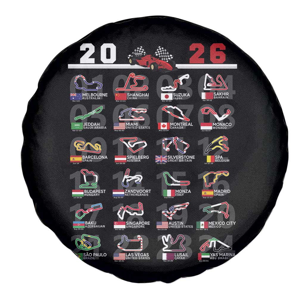 2026 Car Racing Circuit Spare Tire Cover International Race Track Schedule Graphic with Flags - Wonder Print Shop