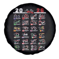 2026 Car Racing Circuit Spare Tire Cover International Race Track Schedule Graphic with Flags - Wonder Print Shop
