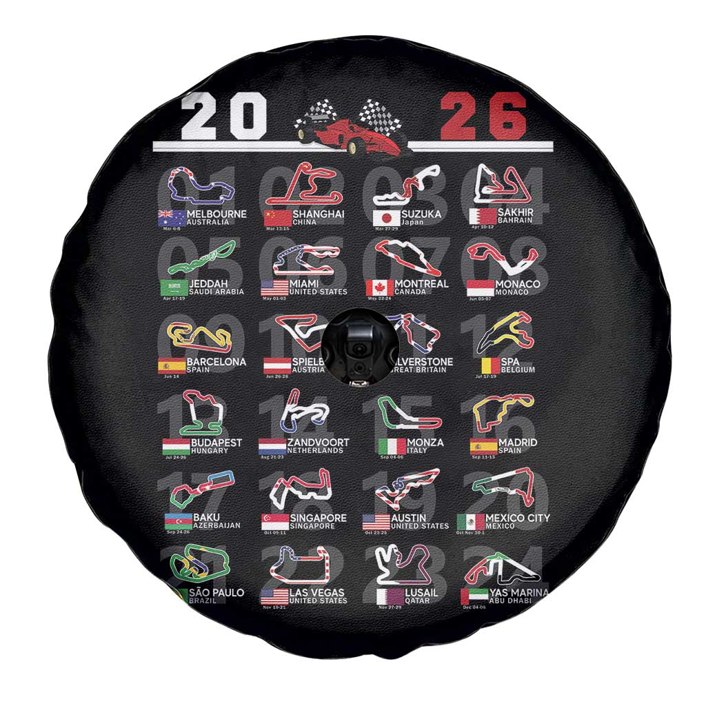 2026 Car Racing Circuit Spare Tire Cover International Race Track Schedule Graphic with Flags - Wonder Print Shop