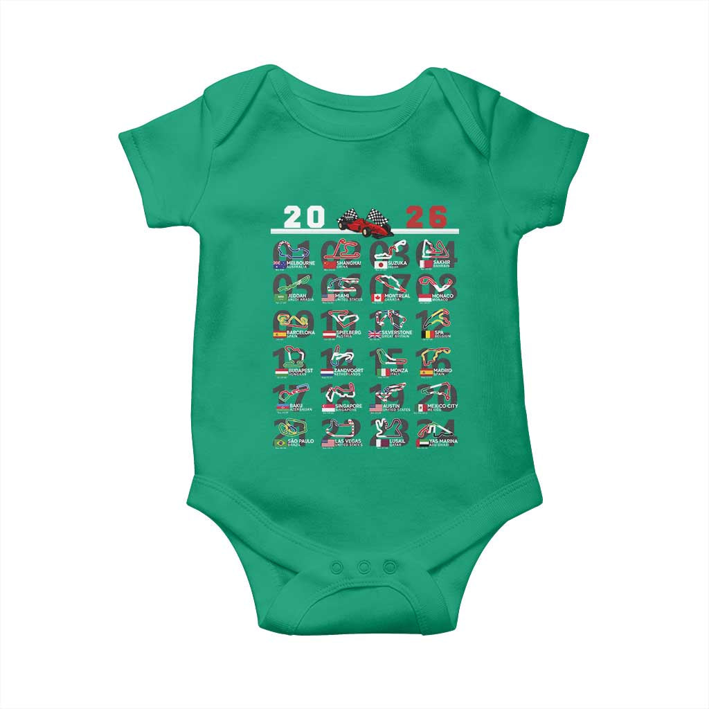 2026 Car Racing Circuit Baby Onesie International Race Track Schedule Graphic with Flags - Wonder Print Shop