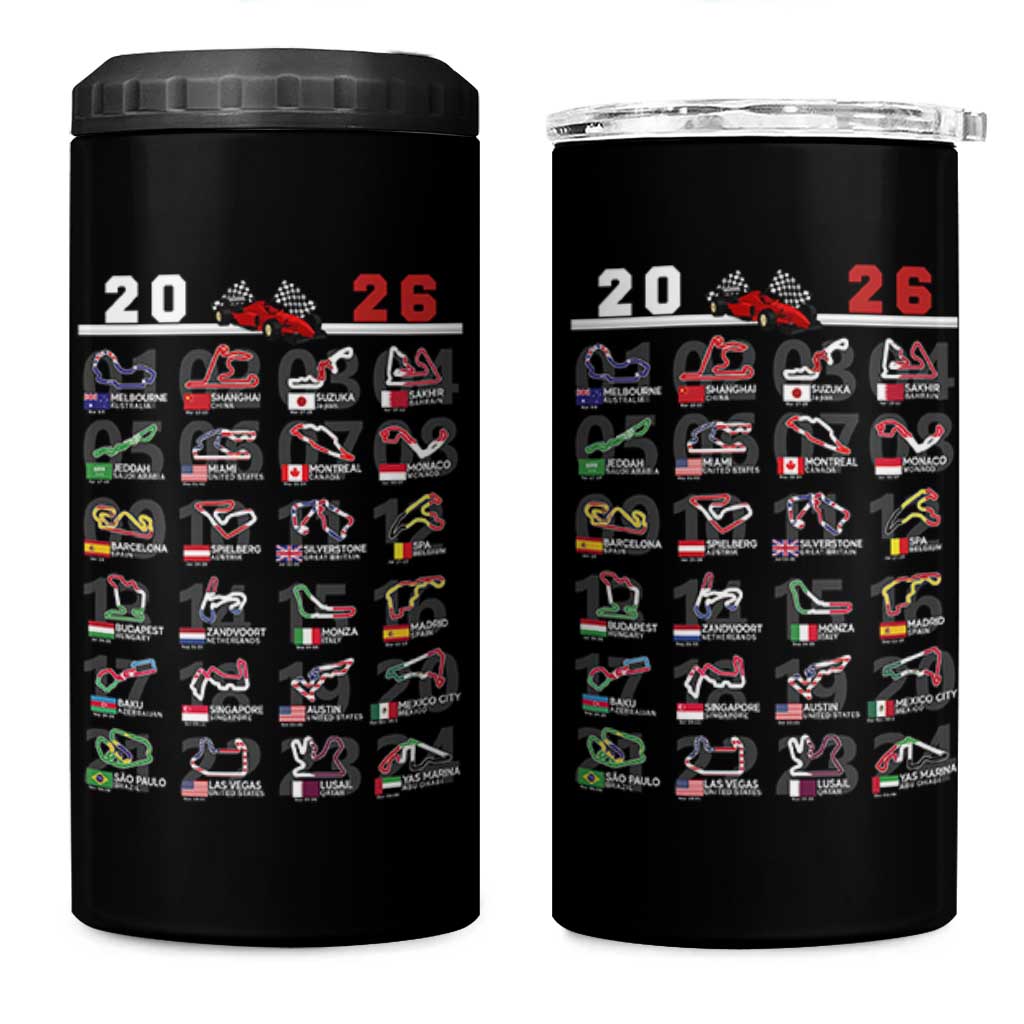 2026 Car Racing Circuit 4 in 1 Can Cooler Tumbler International Race Track Schedule Graphic with Flags - Wonder Print Shop