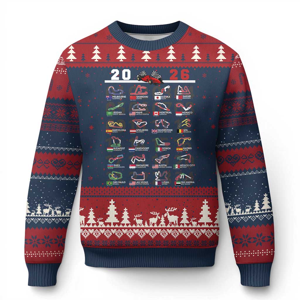 2026 Car Racing Circuit Ugly Christmas Sweater International Race Track Schedule Graphic with Flags - Wonder Print Shop