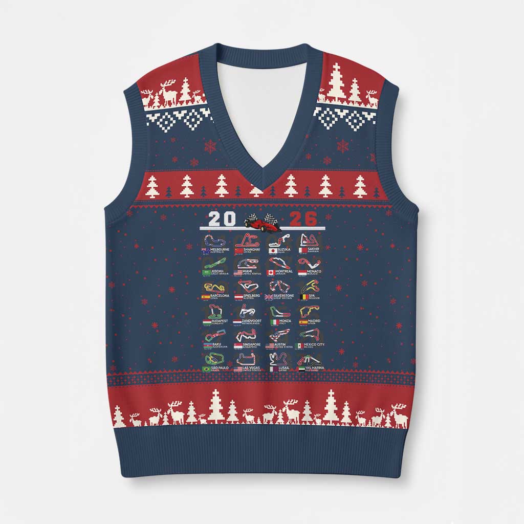 2026 Car Racing Circuit V-Neck Knit Sweater Vest International Race Track Schedule Graphic with Flags - Wonder Print Shop