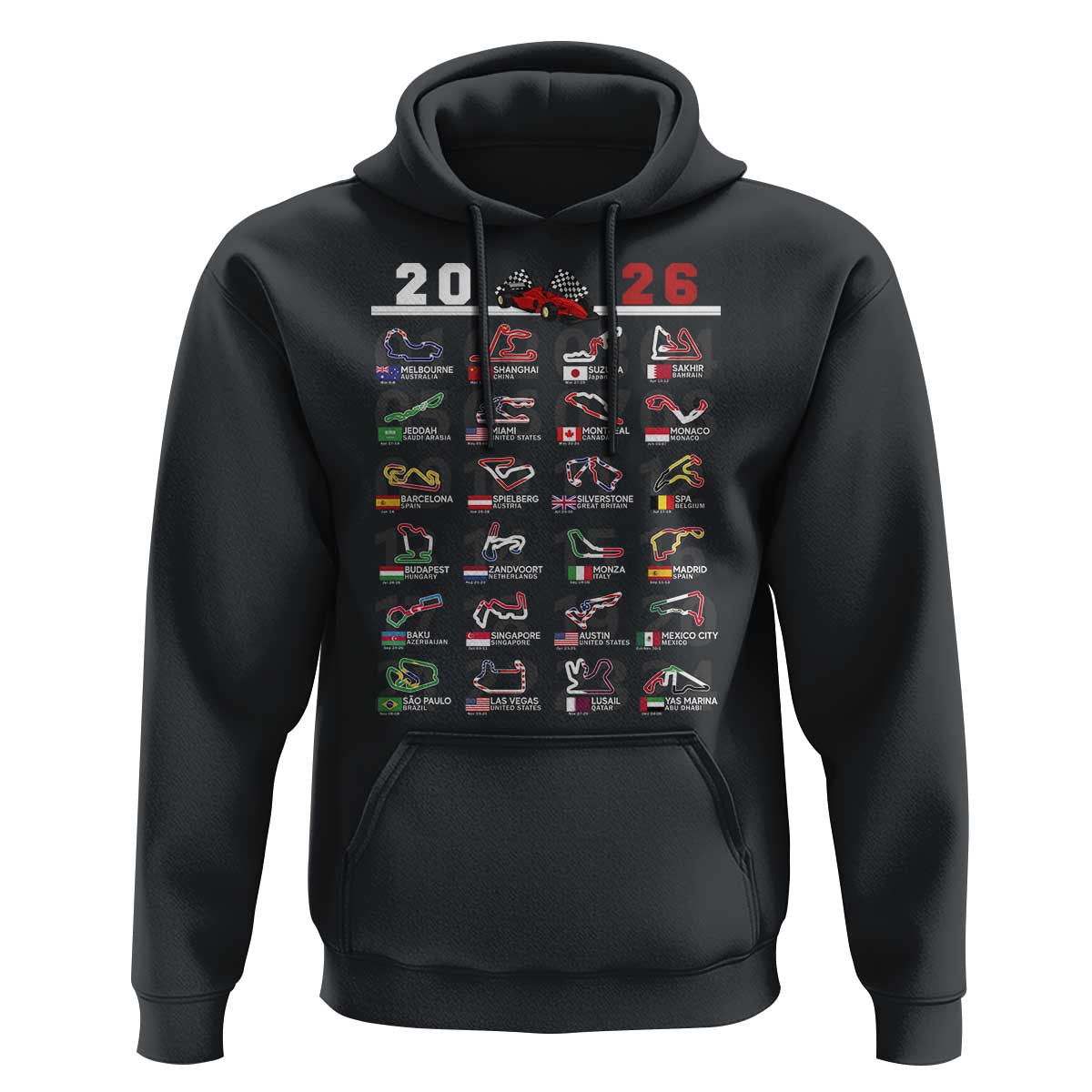 2026 Car Racing Circuit Hoodie International Race Track Schedule Graphic with Flags - Wonder Print Shop
