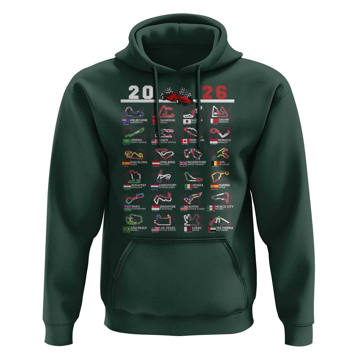 2026 Car Racing Circuit Hoodie International Race Track Schedule Graphic with Flags - Wonder Print Shop