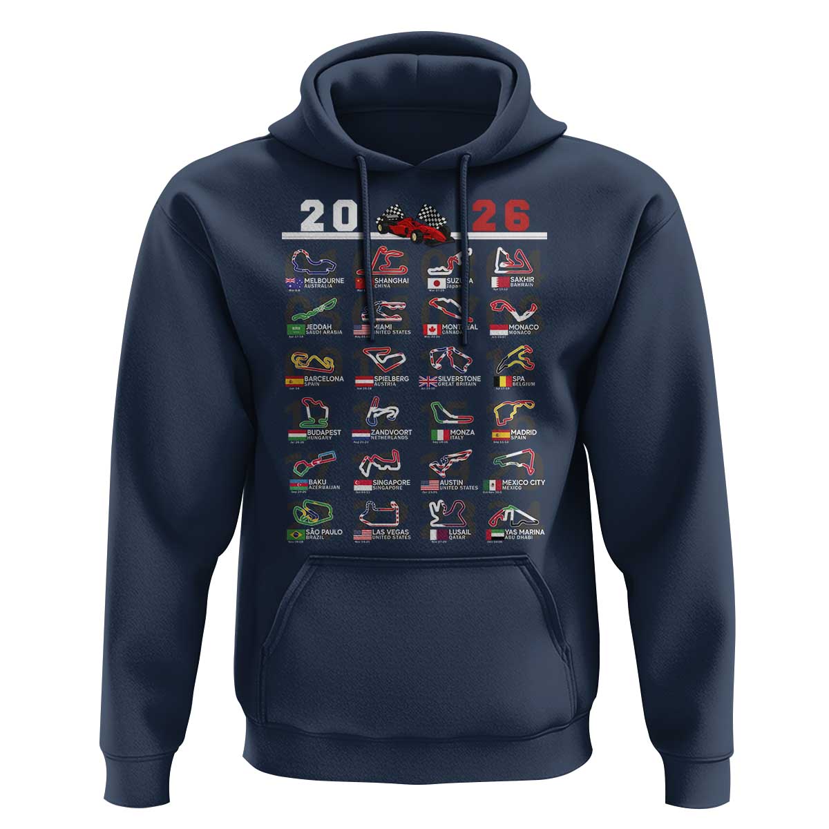2026 Car Racing Circuit Hoodie International Race Track Schedule Graphic with Flags - Wonder Print Shop